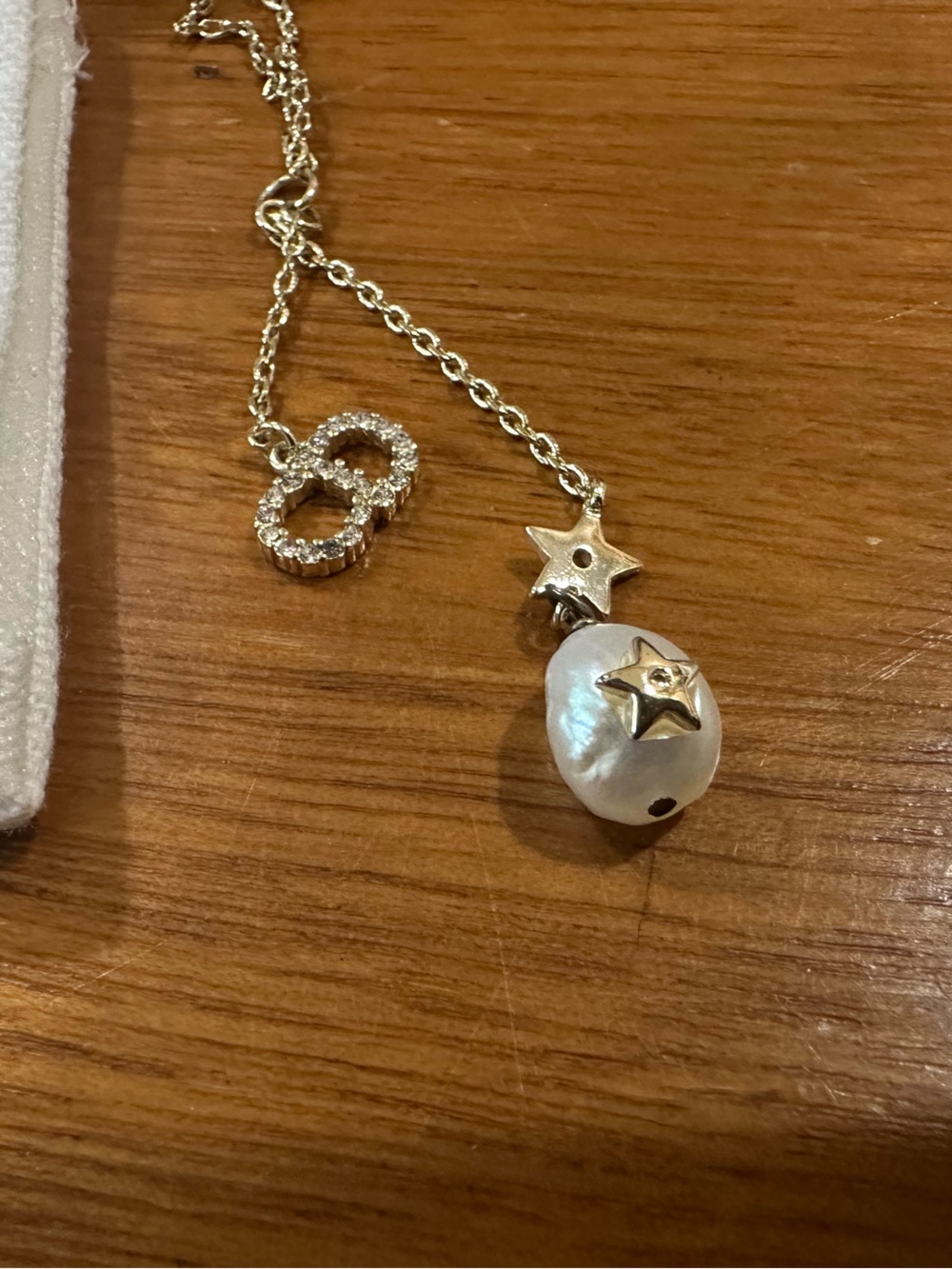 Christian Dior CD Logo Pearl Star Long Necklace White Tone Lucky Charms - Picture 2 of 6
